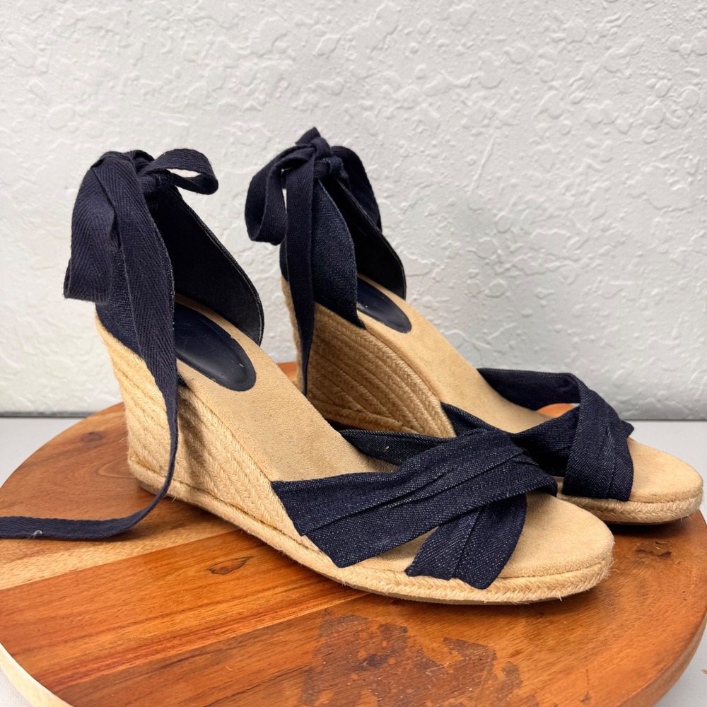Ann Taylor Loft Womens 10M Navy Denim Lace Up Espadrille Wedge Sandal